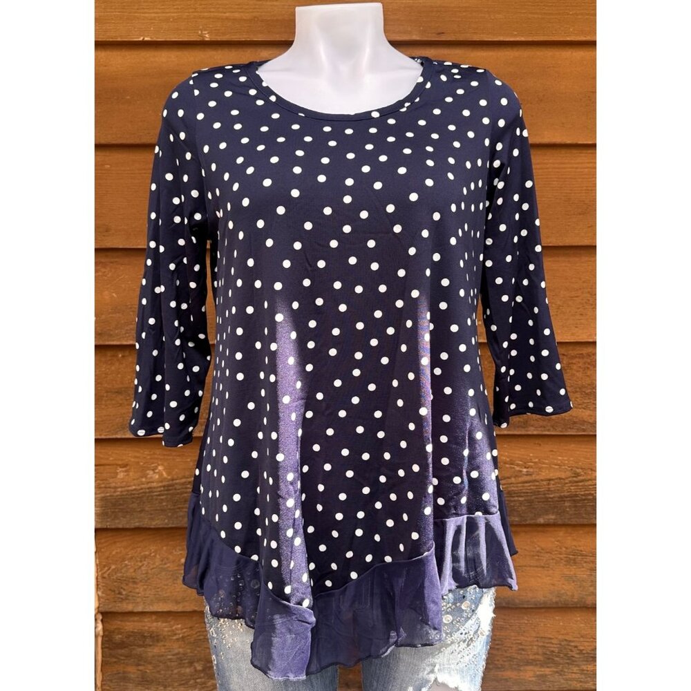 Star Vixen Navy Blue Polka Dot Ruffled Flowy Top Shirt Size S